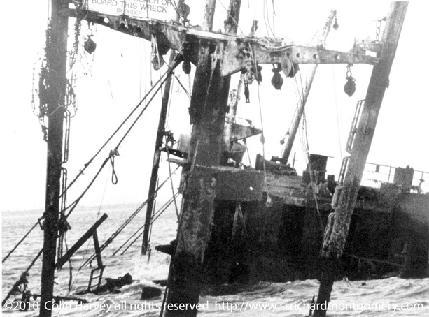 Close up photograph superstructure of Liberty ship SS Richard Montgomery wreck at low tide