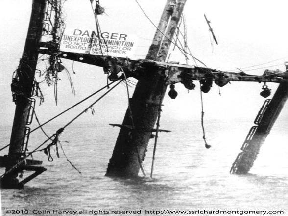Close up photograph Mast Tree of Liberty ship SS Richard Montgomery wreck at low tide