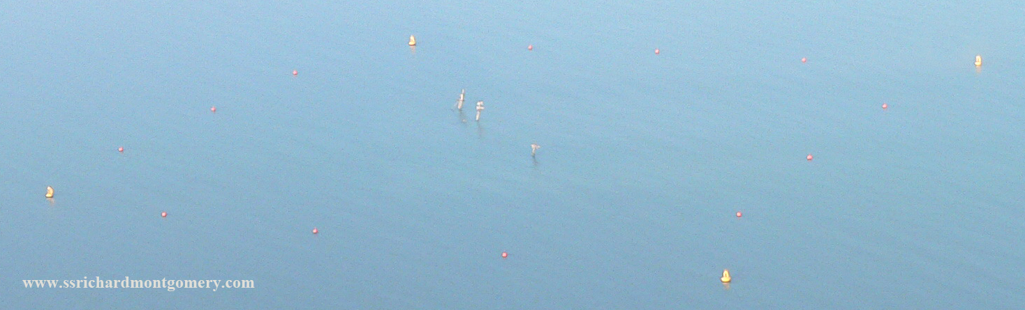 Aerial view of  warning buoys surrounding the liberty ship wreck ss richard montgomery